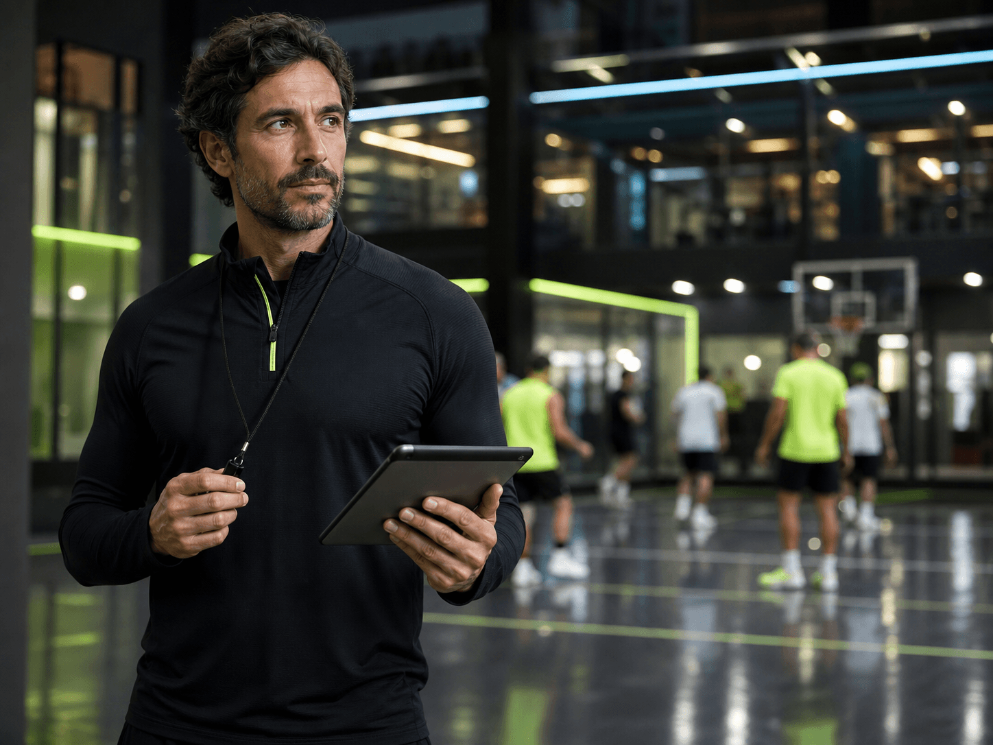 Coach de alto rendimiento con tablet frente a cancha moderna