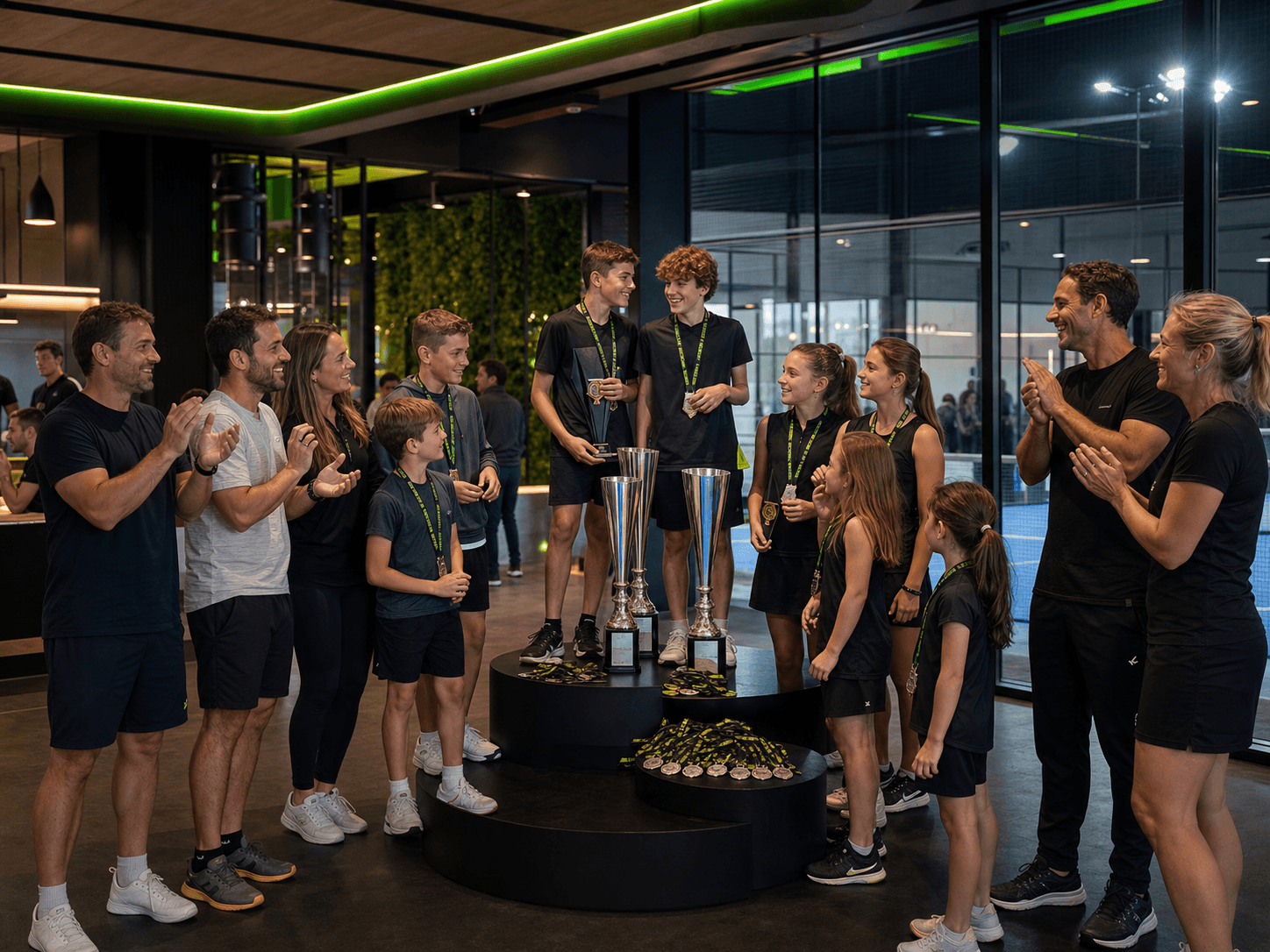 Comunidad deportiva celebrando premiacion con medallas y trofeos