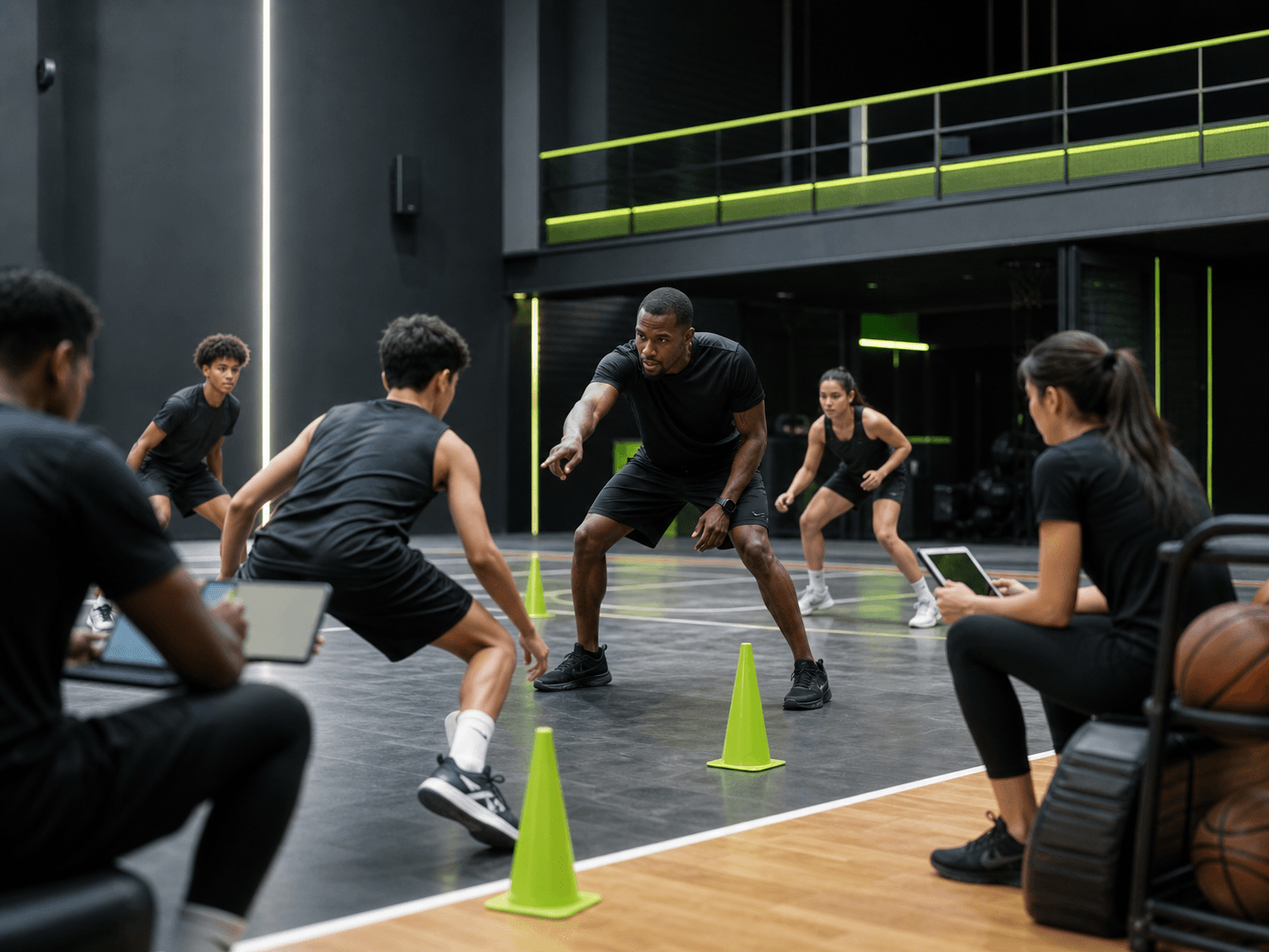 Entrenamiento deportivo premium con coach y atletas en movimiento